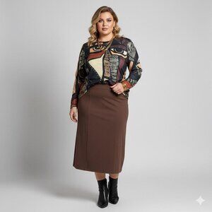 Pixie Lady Abstract Geometric Earth Tones Art Retro Boho Blouse Plus Sz 1X Brown